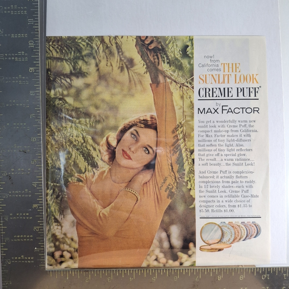Max Factor Creme Puff Compact Makeup Magazine Ad - Sunlit Look (Orange/Tan)